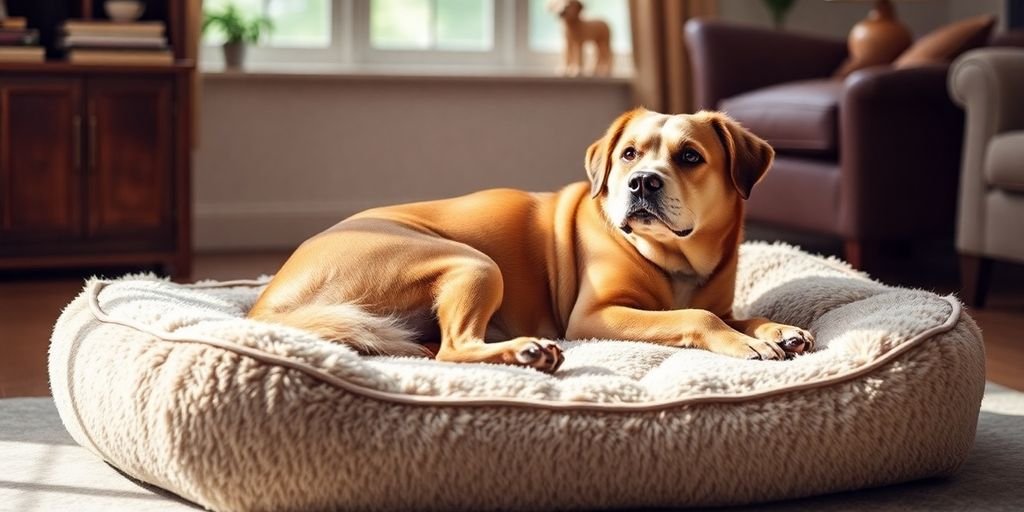 Senior dog resting on a plush orthopedic bed.