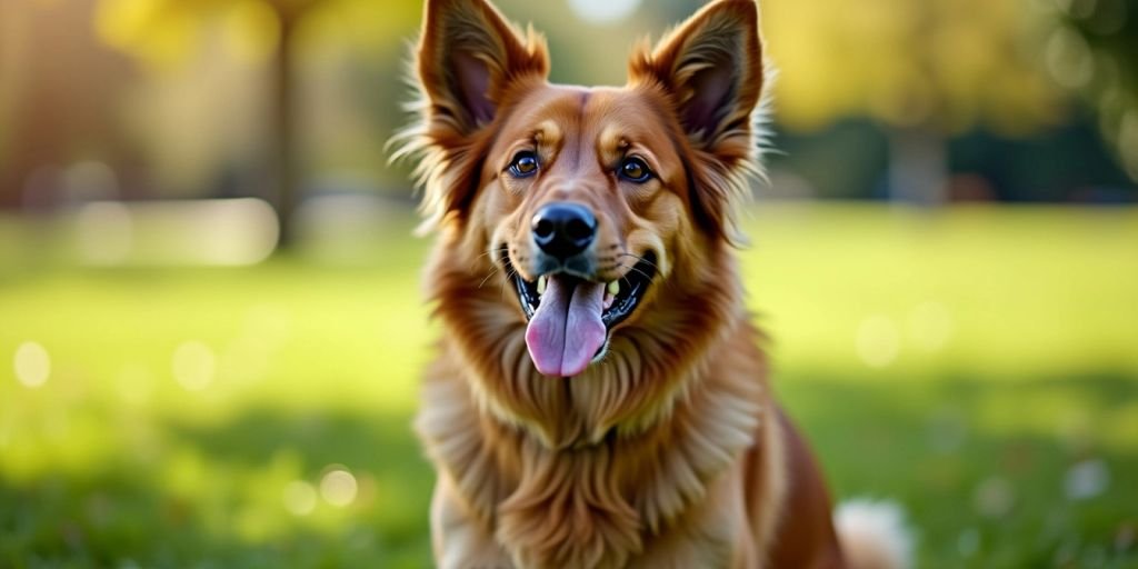 Happy dog with shiny coat in park