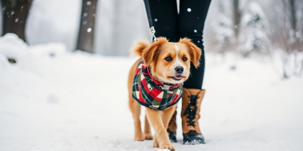 Person walking a dog in the snowy winter landscape.