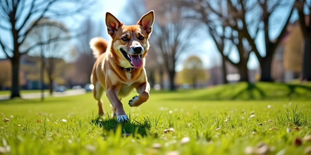 Active dog running in a grassy park