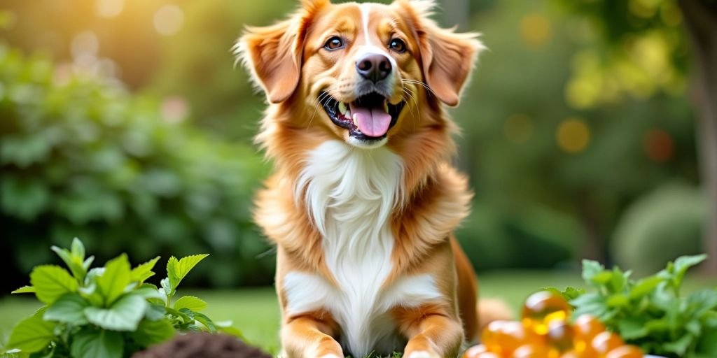 Happy dog with natural supplements in garden