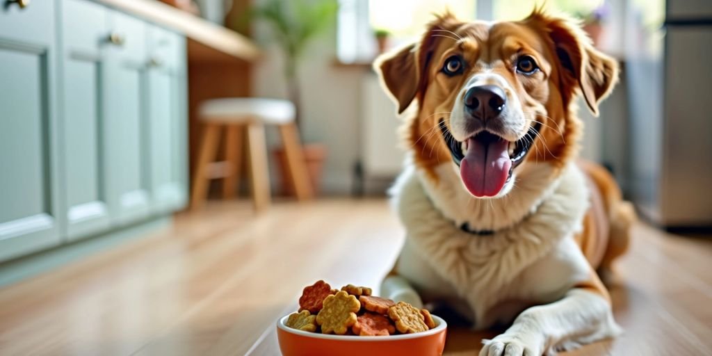 Dog with low-fat treats in a kitchen