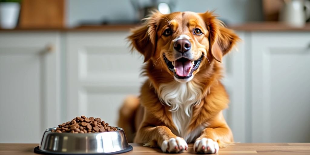 Happy dog with hypoallergenic food bowl