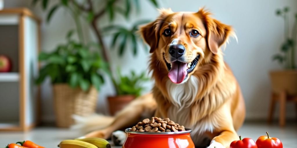 Healthy dog with nutritious food