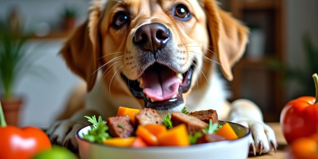 Dog enjoying homemade food with veggies and meat