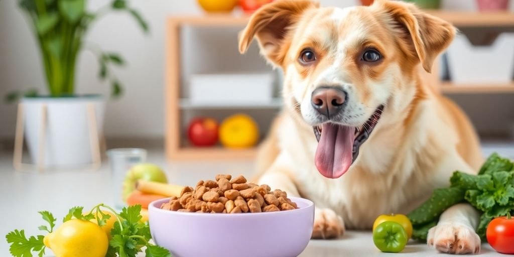 Dog eating weight management food with fresh vegetables.