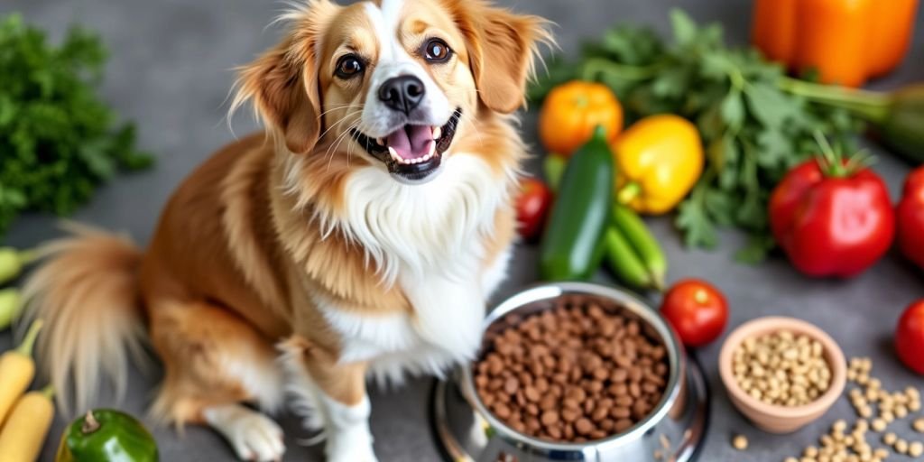 Healthy dog with low-fat food bowl