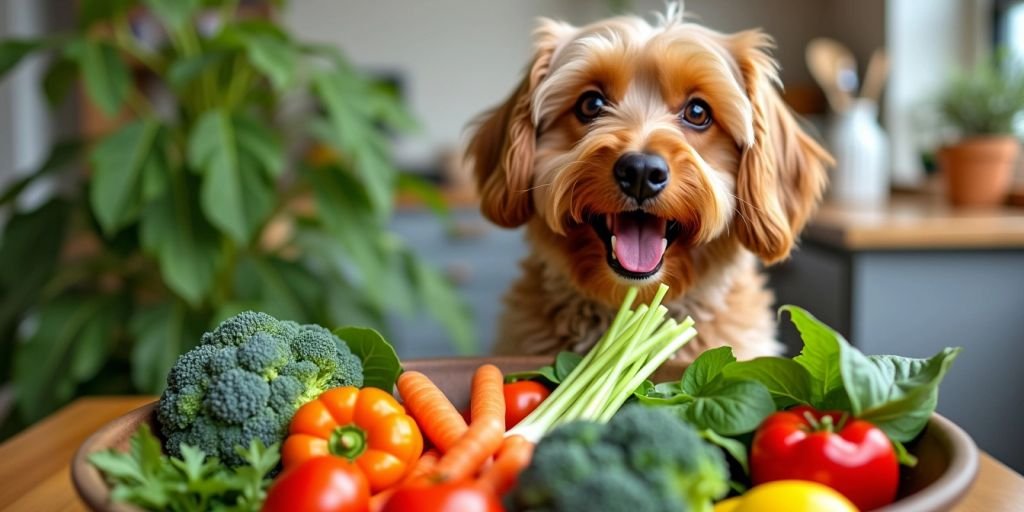 Dog next to a bowl of fresh vegetables.