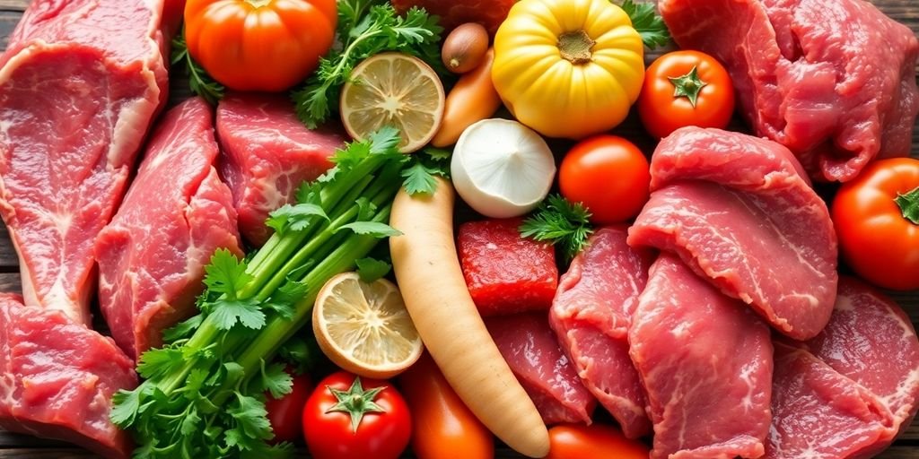 Fresh raw meats and vegetables for dog diets.