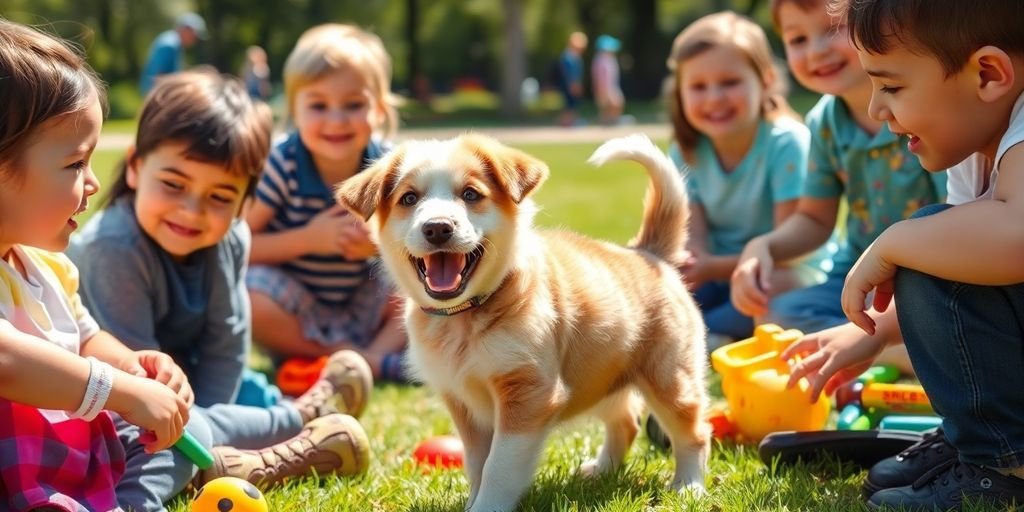 Playful puppy with children in a sunny park.