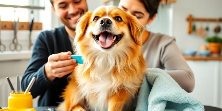 Dog being groomed at home with grooming tools.