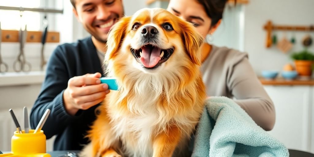 Dog being groomed at home with grooming tools.