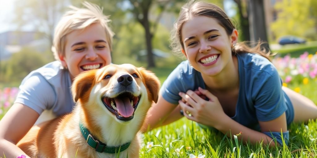 Happy dog with owner in a sunny park.