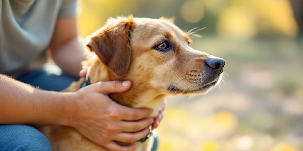 Person with a dog wearing a special collar outdoors.