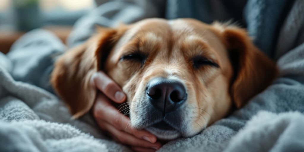 Person comforting a relaxed dog in a cozy setting.