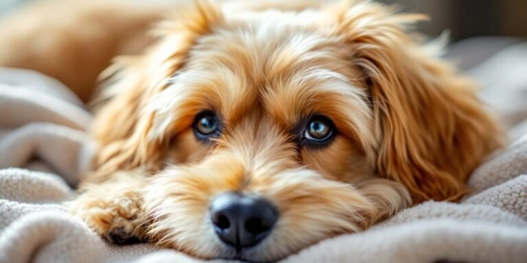 Calm special needs dog resting on a soft blanket.