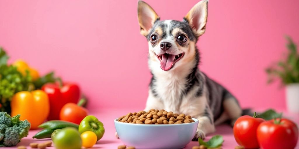 Merle Chihuahua eating healthy dog food with vegetables.