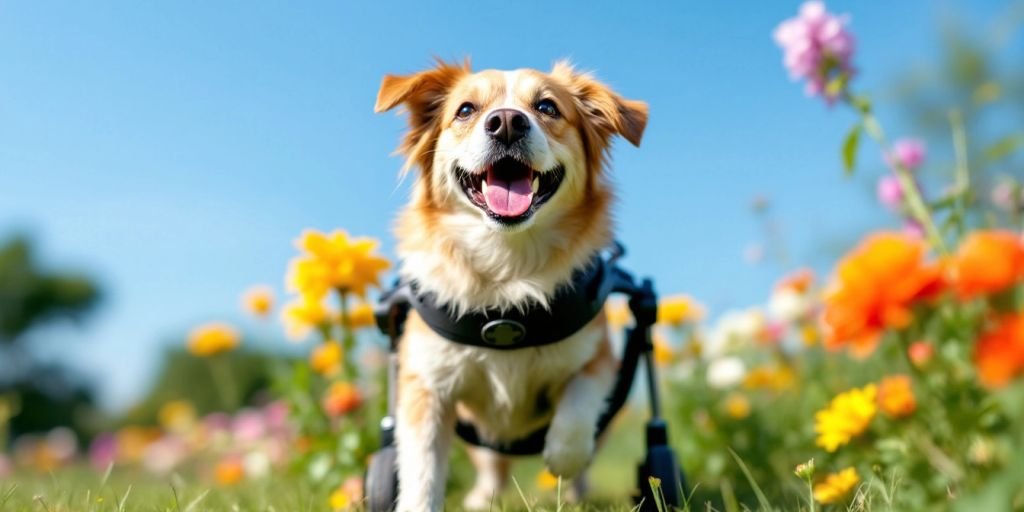 Special needs dog with mobility aid in a park.