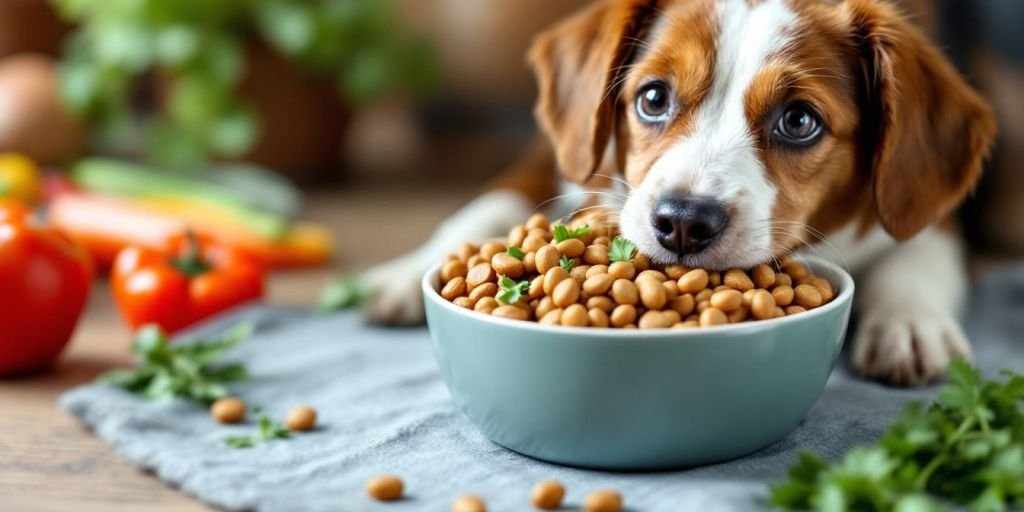 Dog eating healthy food with vegetables in a bowl.