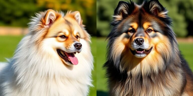 Keeshond and Eurasier dogs side by side outdoors.