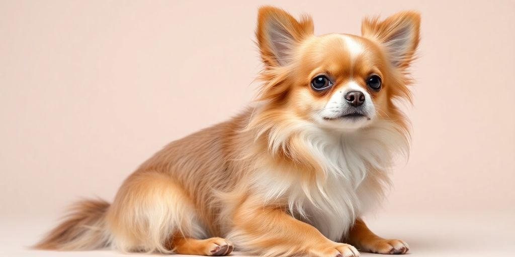 Long-haired Chihuahua with glossy fur in bright lighting.