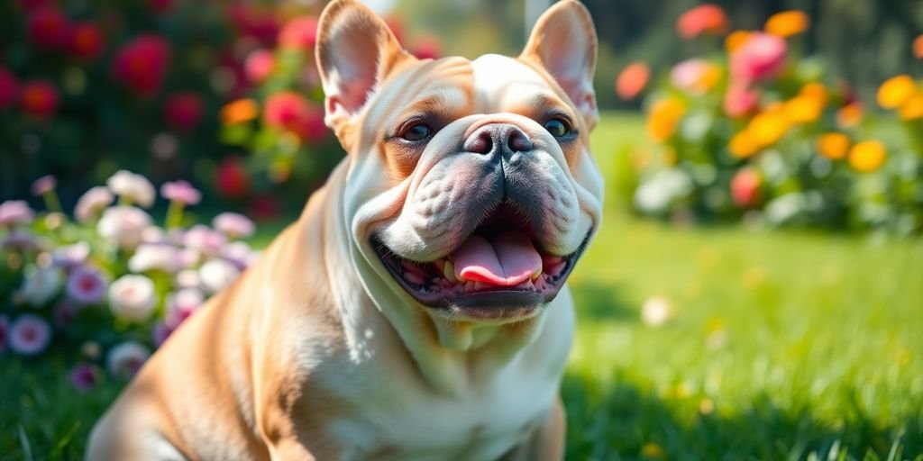 Healthy bulldog resting in a vibrant green park.