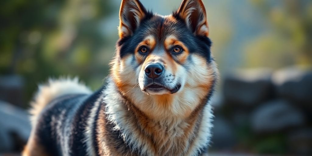 Close-up of a Korean Jindo dog with erect ears.