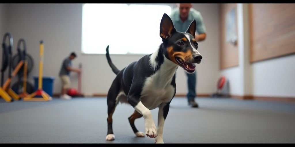 Rat Terrier training with a trainer in bright light.