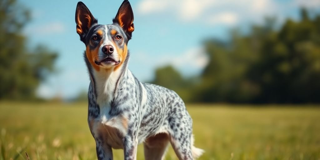 Blue heeler dog in a sunny field, vibrant and healthy.