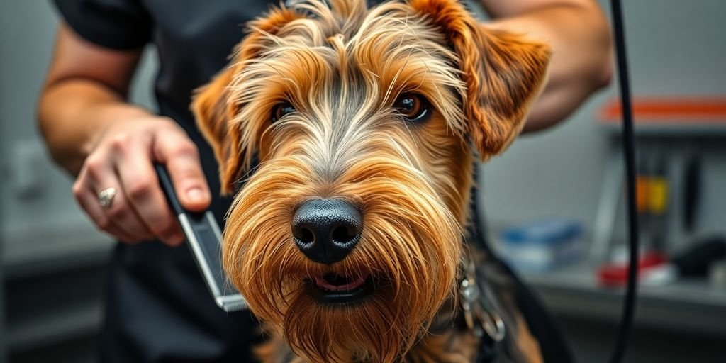 Airedale Terrier being groomed with clippers and brushes.