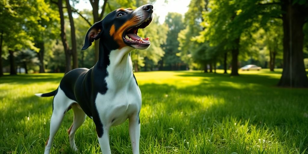 Treeing Walker Coonhound barking in a sunny park.