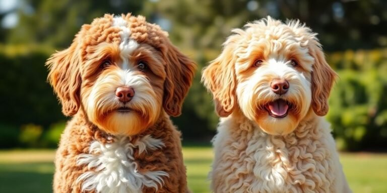 Bernadoodle and Goldendoodle in sunny outdoor setting.