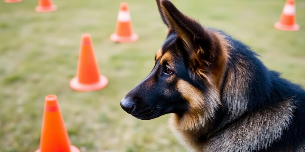 German Shepherd focused during training session with cones.