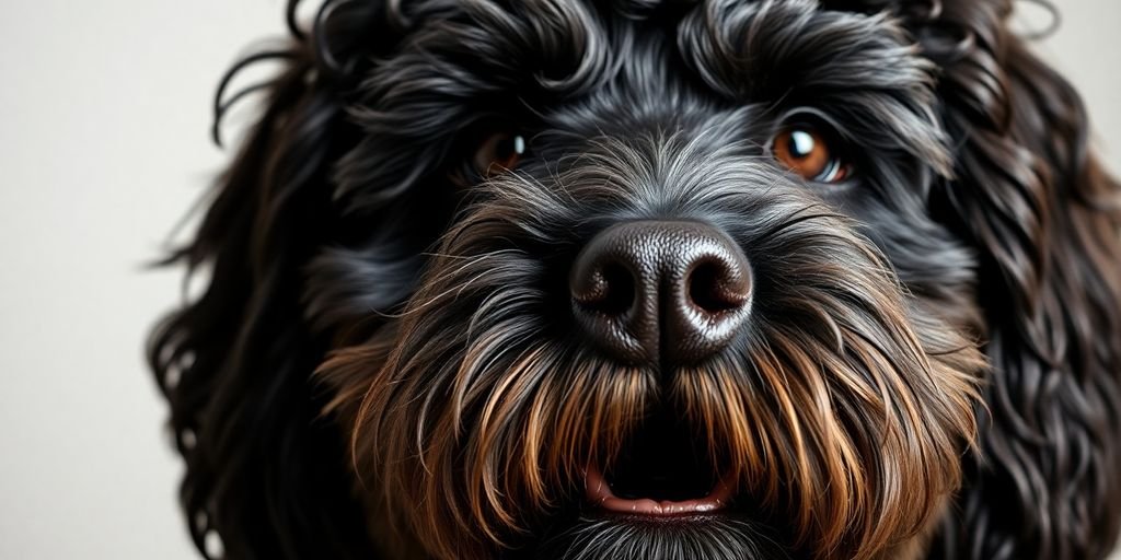 A Portuguese Water Dog with curly fur, playful expression.