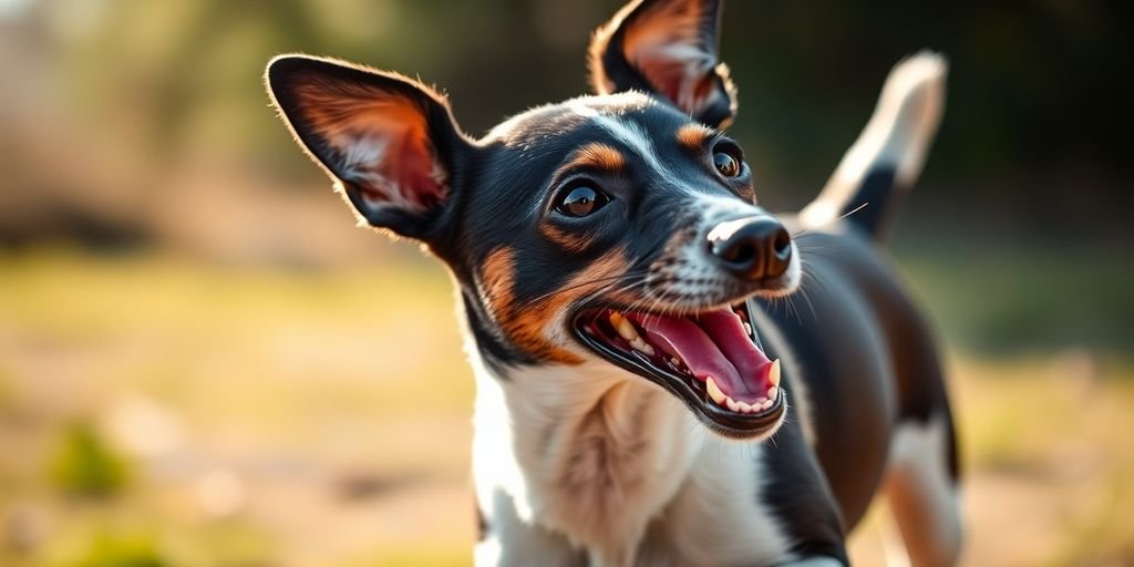 Energetic Rat Terrier dog in bright outdoor setting.