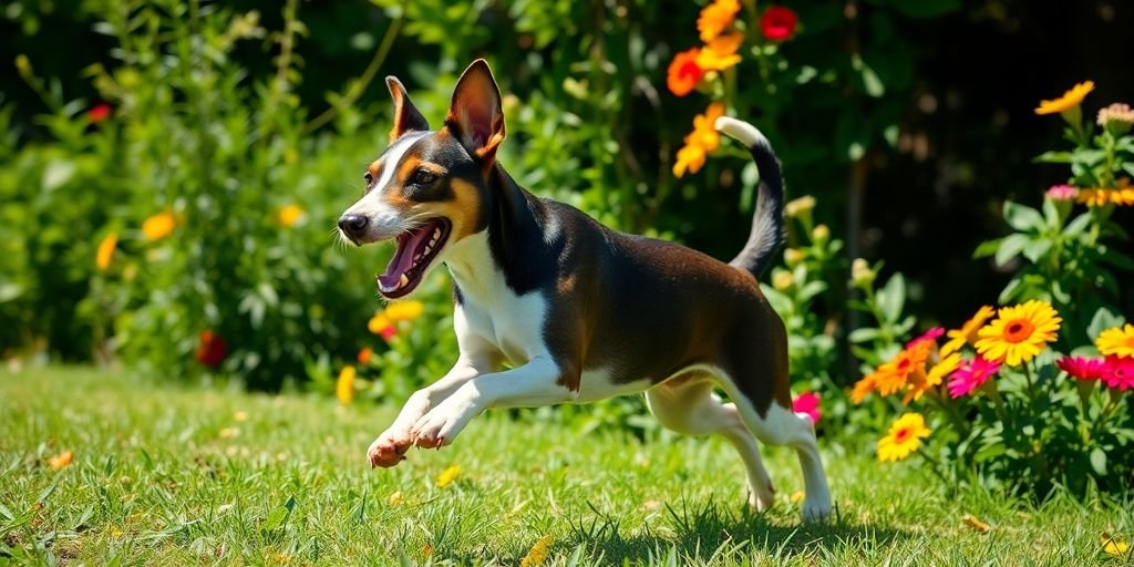 A playful Rat Terrier in a sunny outdoor setting.