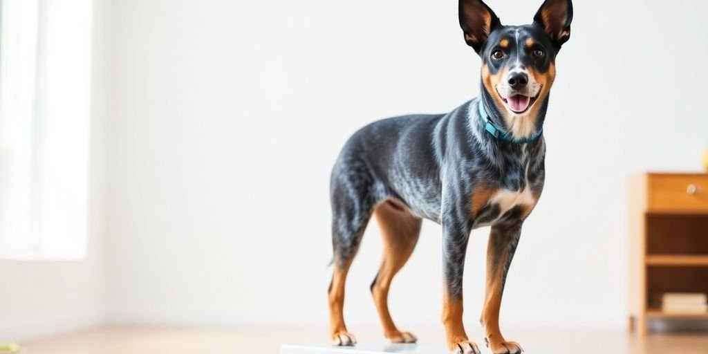 Blue Heeler on a scale in a bright room.