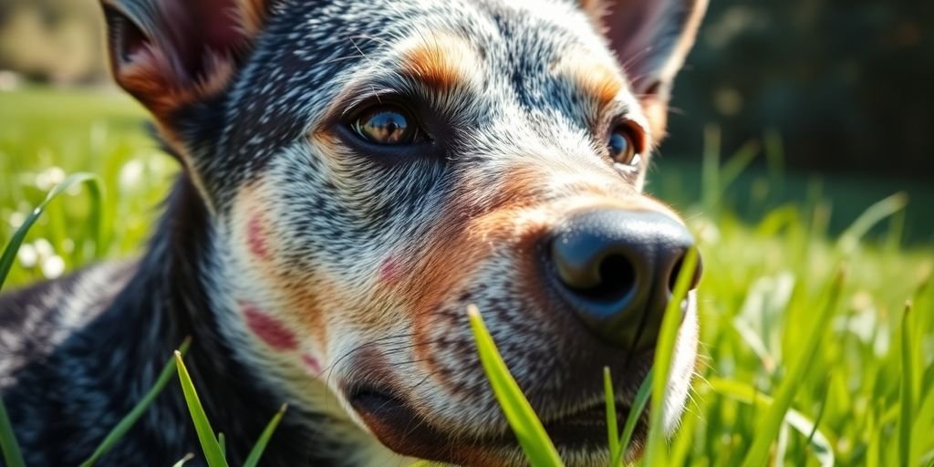 Blue Heeler with irritated skin in bright sunlight.