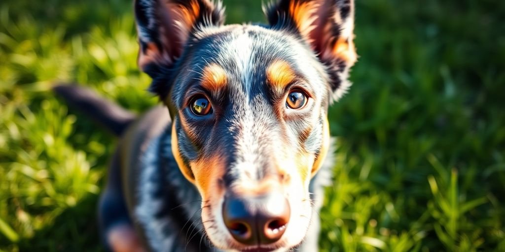 Blue Heeler dog with captivating eyes in bright sunlight.