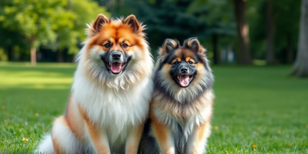 Keeshond and Eurasier in a sunny green park.