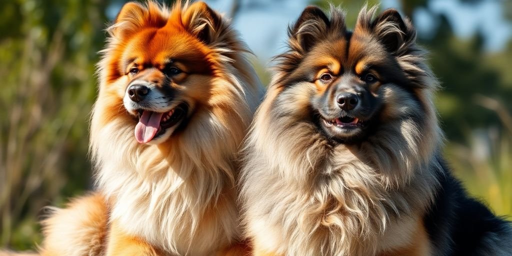 Keeshond and Eurasier in a bright outdoor setting.