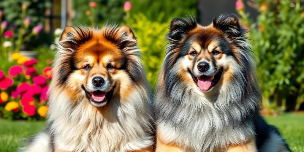 Keeshond and Eurasier dogs in a sunny garden.