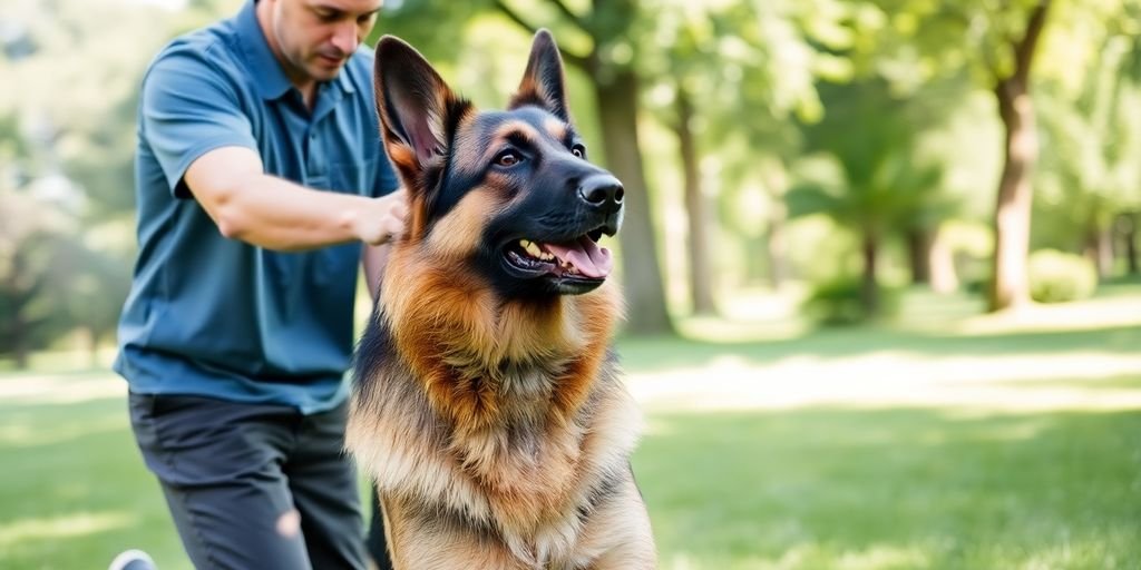 Trainer working with a German Shepherd in a park.