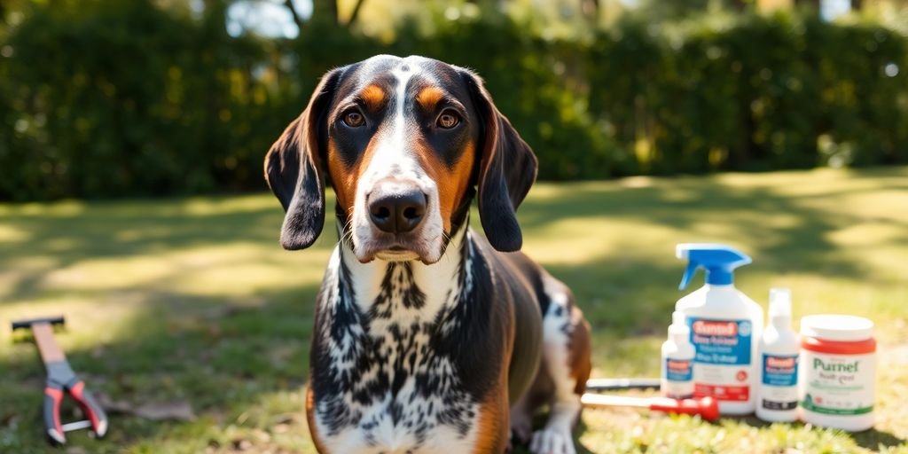 Calm Treeing Walker Coonhound outdoors with barking control tools.