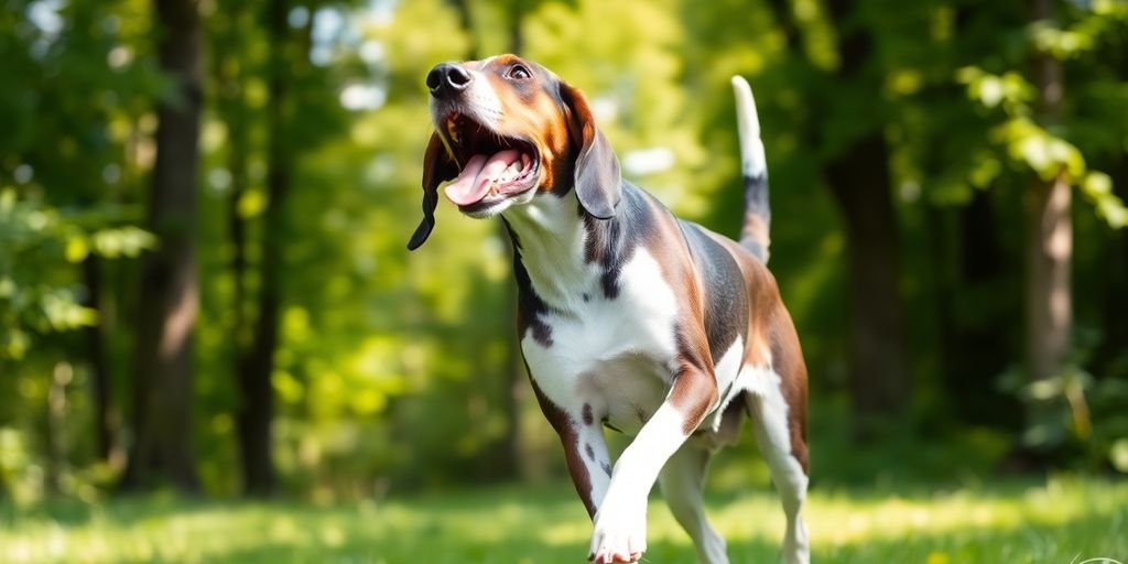 Treeing Walker Coonhound playing outdoors in bright sunlight.