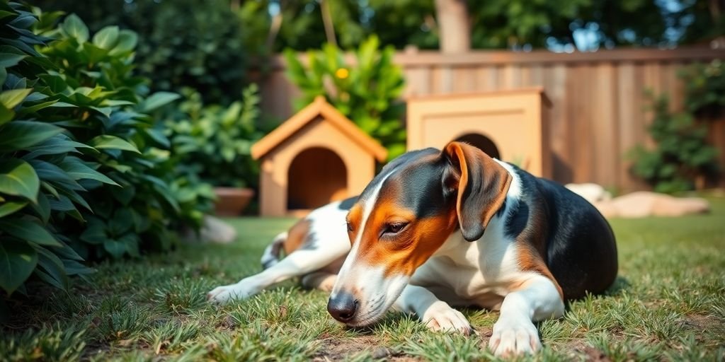 Treeing Walker Coonhound relaxing in a peaceful backyard.