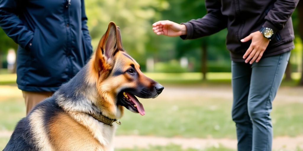 German Shepherd training with owner in outdoor setting.