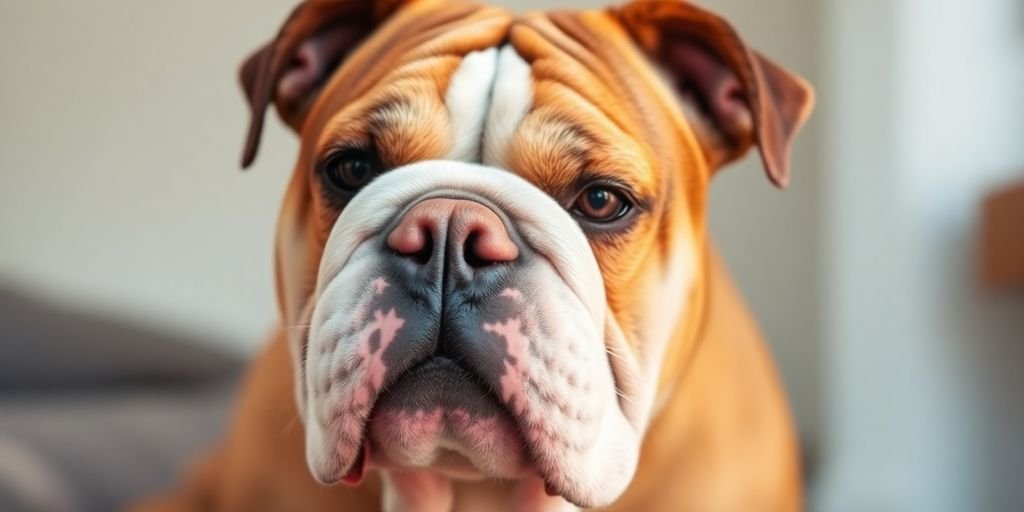 Close-up of a calm Bulldog with distinct features.