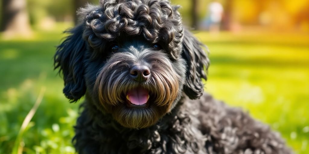 Happy Portuguese Water Dog in a sunny park.