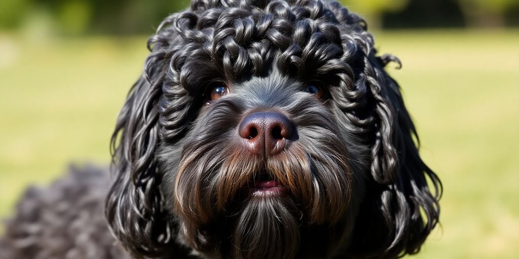 Portuguese Water Dog with curly fur in bright light.